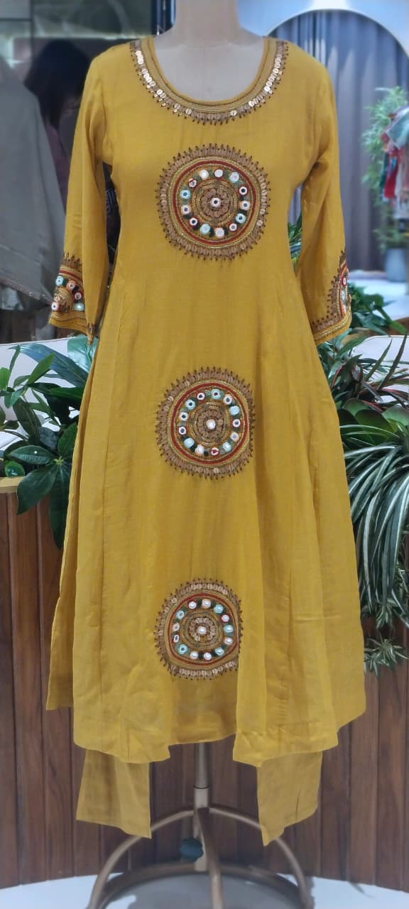 Heritage Intricate Mirror Tribal-Inspired Embroidery and Artisan Detailing Mul-Chanderi A-line Full Suit Set With Dupatta-16109