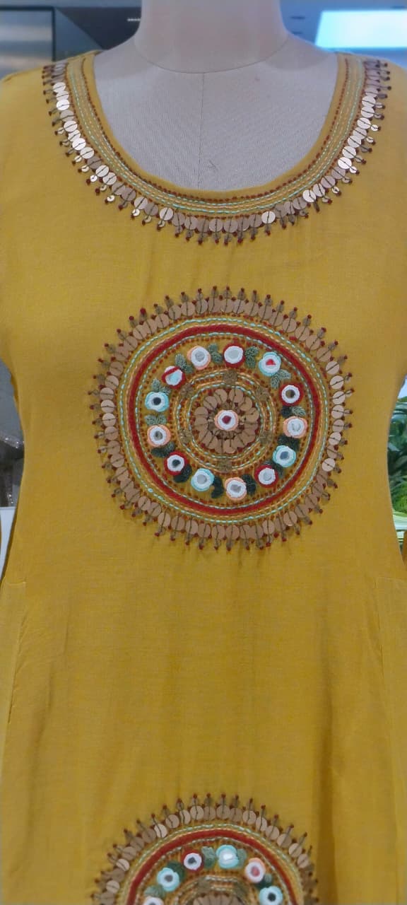 Heritage Intricate Mirror Tribal-Inspired Embroidery and Artisan Detailing Mul-Chanderi A-line Full Suit Set With Dupatta-16109