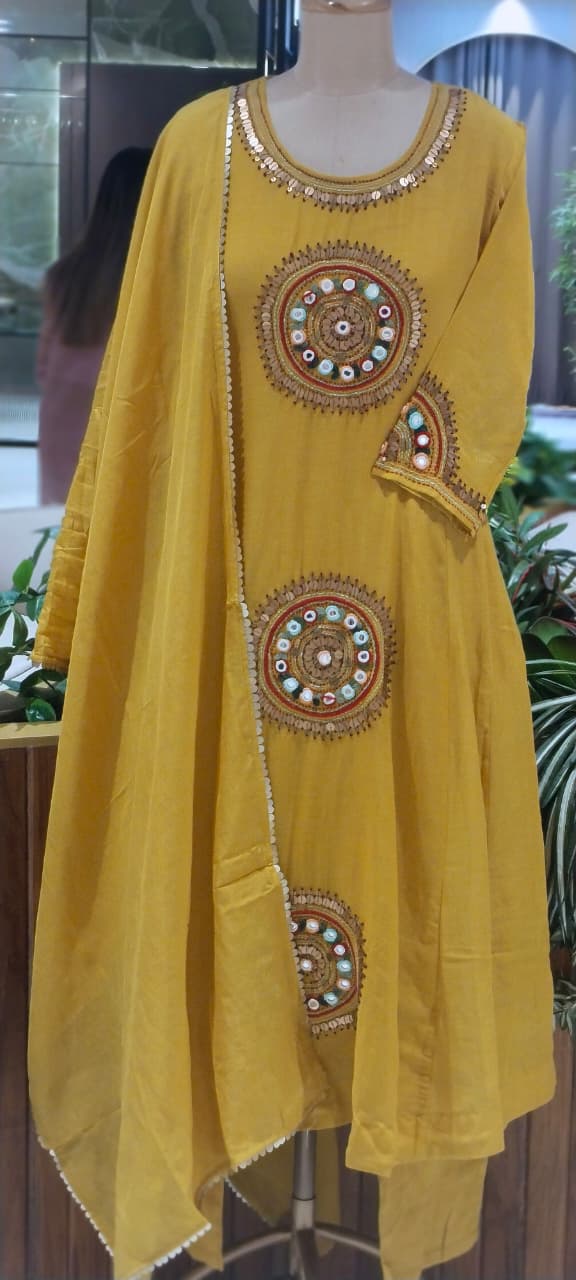 Heritage Intricate Mirror Tribal-Inspired Embroidery and Artisan Detailing Mul-Chanderi A-line Full Suit Set With Dupatta-16109