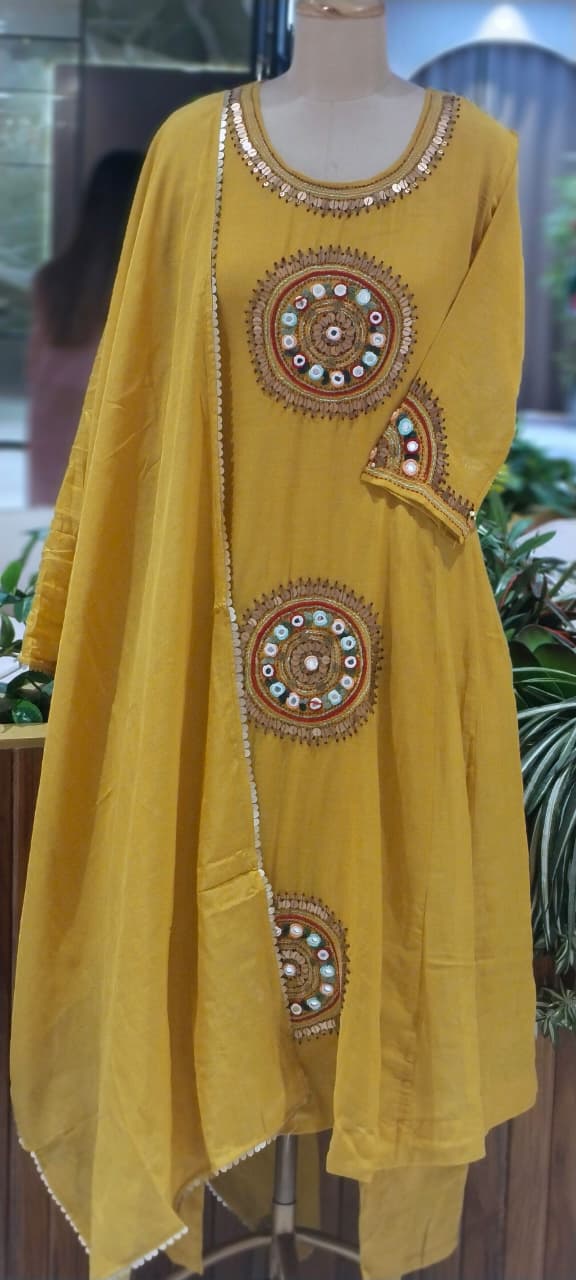 Heritage Intricate Mirror Tribal-Inspired Embroidery and Artisan Detailing Mul-Chanderi A-line Full Suit Set With Dupatta-16109