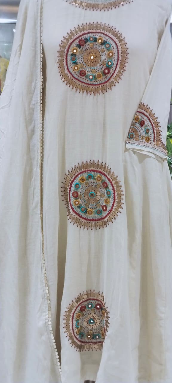 Heritage Intricate Mirror Tribal-Inspired Embroidery and Artisan Detailing Mul-Chanderi A-line Full Suit Set With Dupatta-16109