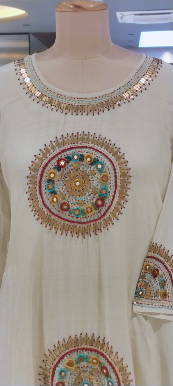 Heritage Intricate Mirror Tribal-Inspired Embroidery and Artisan Detailing Mul-Chanderi A-line Full Suit Set With Dupatta-16109