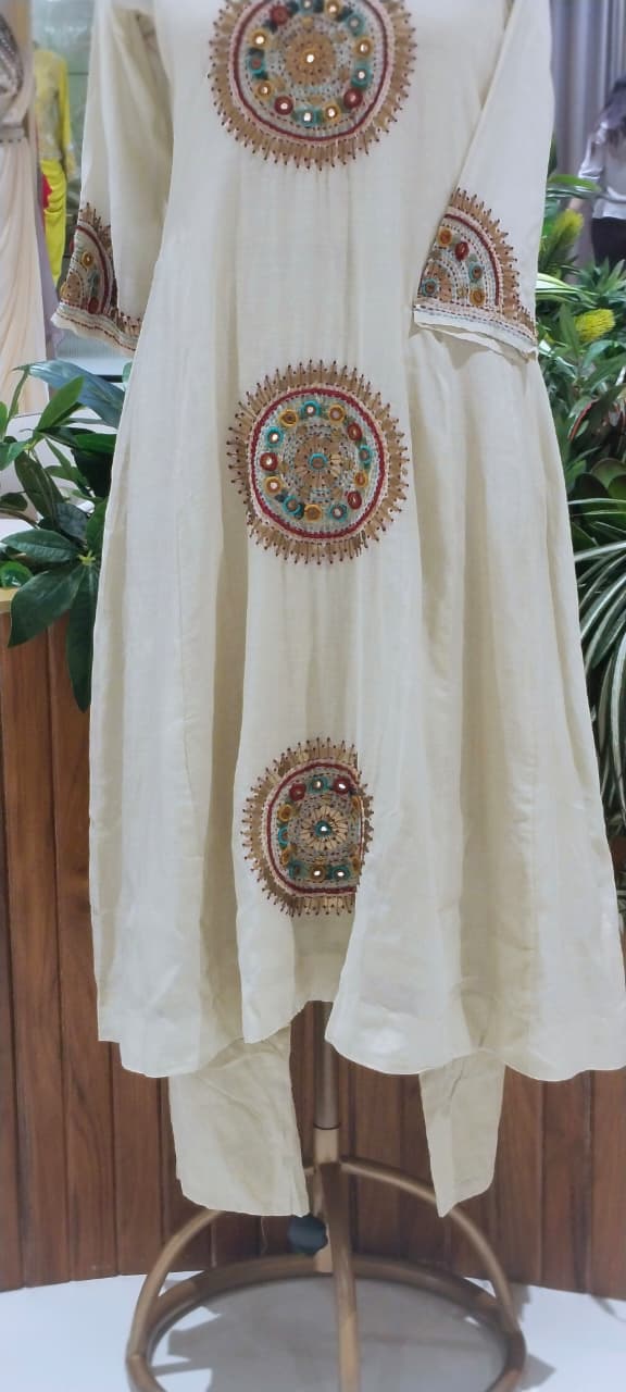 Heritage Intricate Mirror Tribal-Inspired Embroidery and Artisan Detailing Mul-Chanderi A-line Full Suit Set With Dupatta-16109