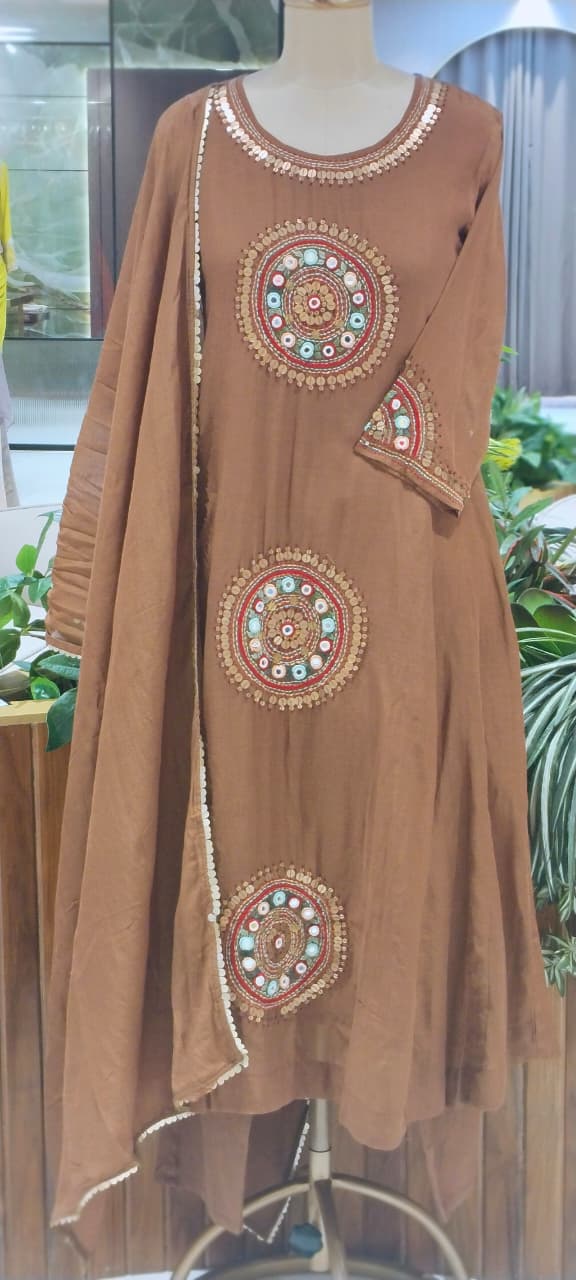 Heritage Intricate Mirror Tribal-Inspired Embroidery and Artisan Detailing Mul-Chanderi A-line Full Suit Set With Dupatta-16109