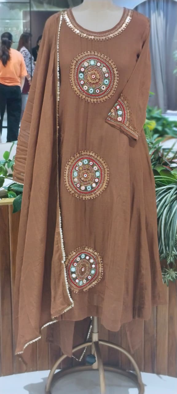 Heritage Intricate Mirror Tribal-Inspired Embroidery and Artisan Detailing Mul-Chanderi A-line Full Suit Set With Dupatta-16109
