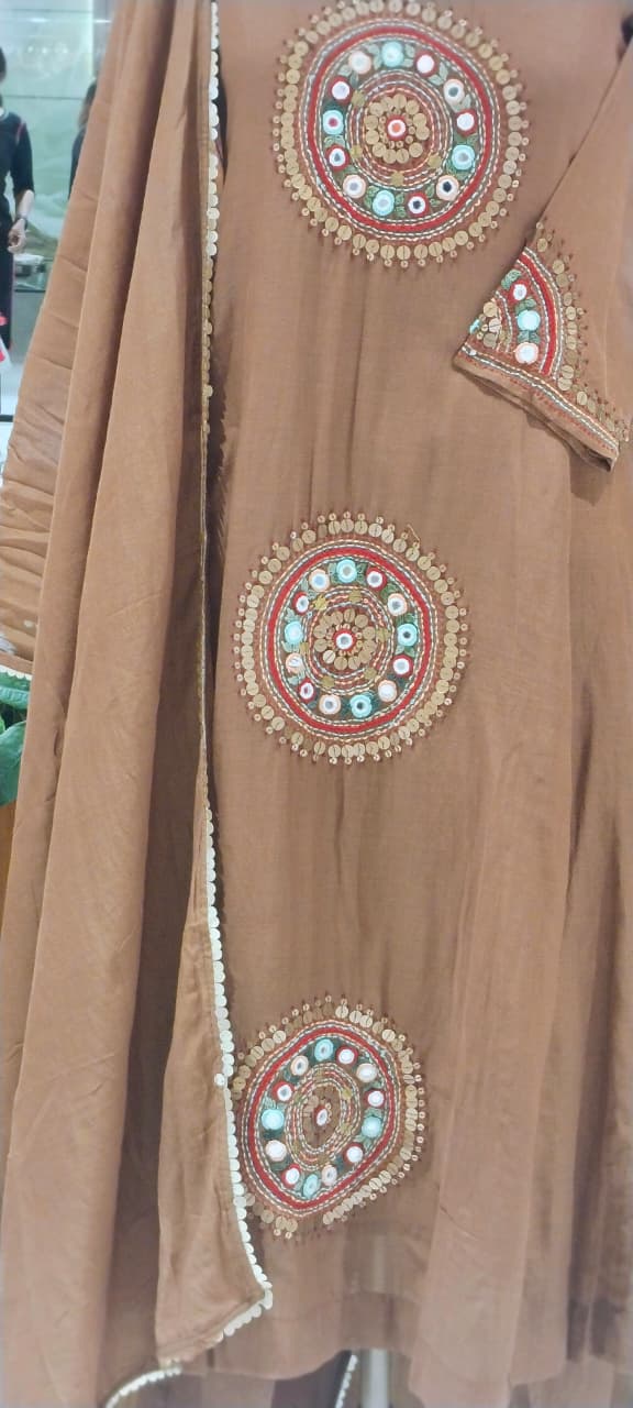 Heritage Intricate Mirror Tribal-Inspired Embroidery and Artisan Detailing Mul-Chanderi A-line Full Suit Set With Dupatta-16109
