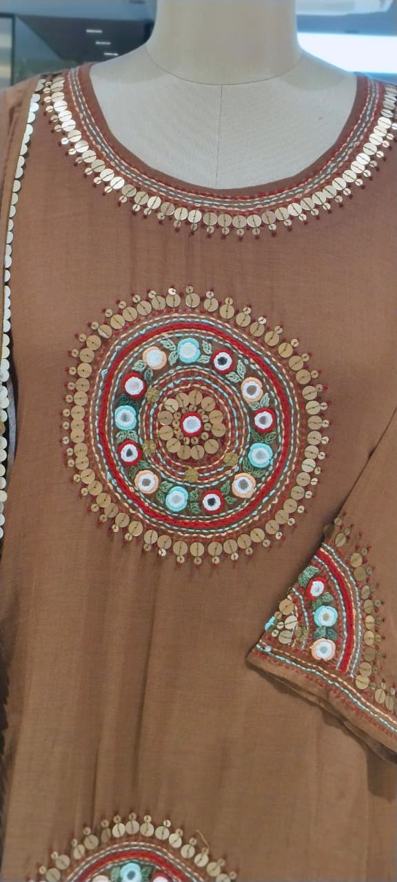 Heritage Intricate Mirror Tribal-Inspired Embroidery and Artisan Detailing Mul-Chanderi A-line Full Suit Set With Dupatta-16109