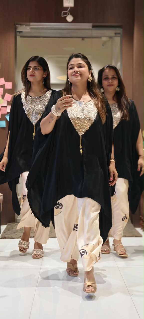 Heavy Shimmery Sequin With Coin Detailing Yoke Latkan Elegance Indo Look Kaftan Style Co-Ord Set- 16041