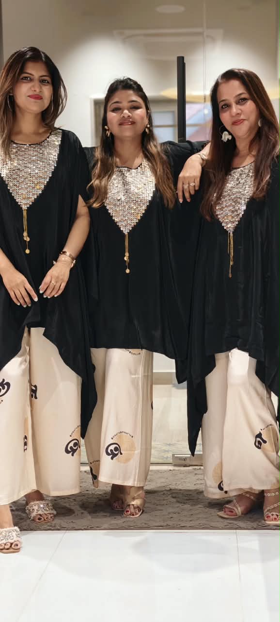 Heavy Shimmery Sequin With Coin Detailing Yoke Latkan Elegance Indo Look Kaftan Style Co-Ord Set- 16041