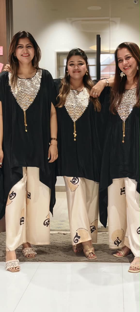 Heavy Shimmery Sequin With Coin Detailing Yoke Latkan Elegance Indo Look Kaftan Style Co-Ord Set- 16041
