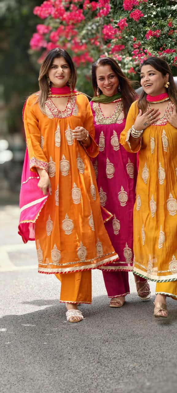 Heavy Zardosi Embroidered Real Mirror Work Over Daaman & Sleeve A-Line Full Suit Set With Dupatta- 16072