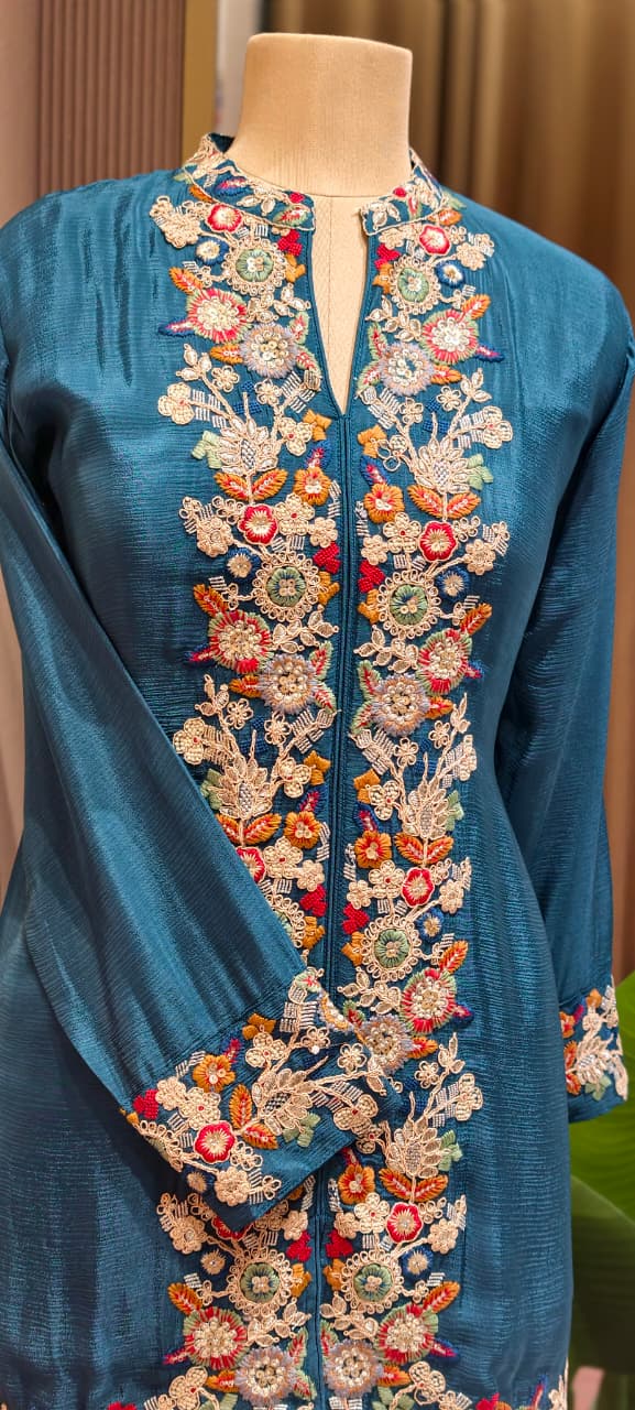 Bhomeian Bold Shade Intricate Embroidery Vibrant Chinon Co-Ord Set- 15243