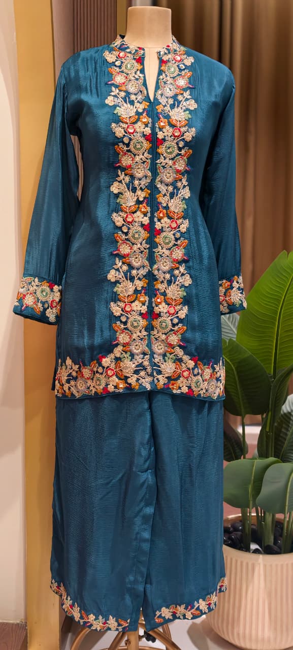 Bhomeian Bold Shade Intricate Embroidery Vibrant Chinon Co-Ord Set- 15243