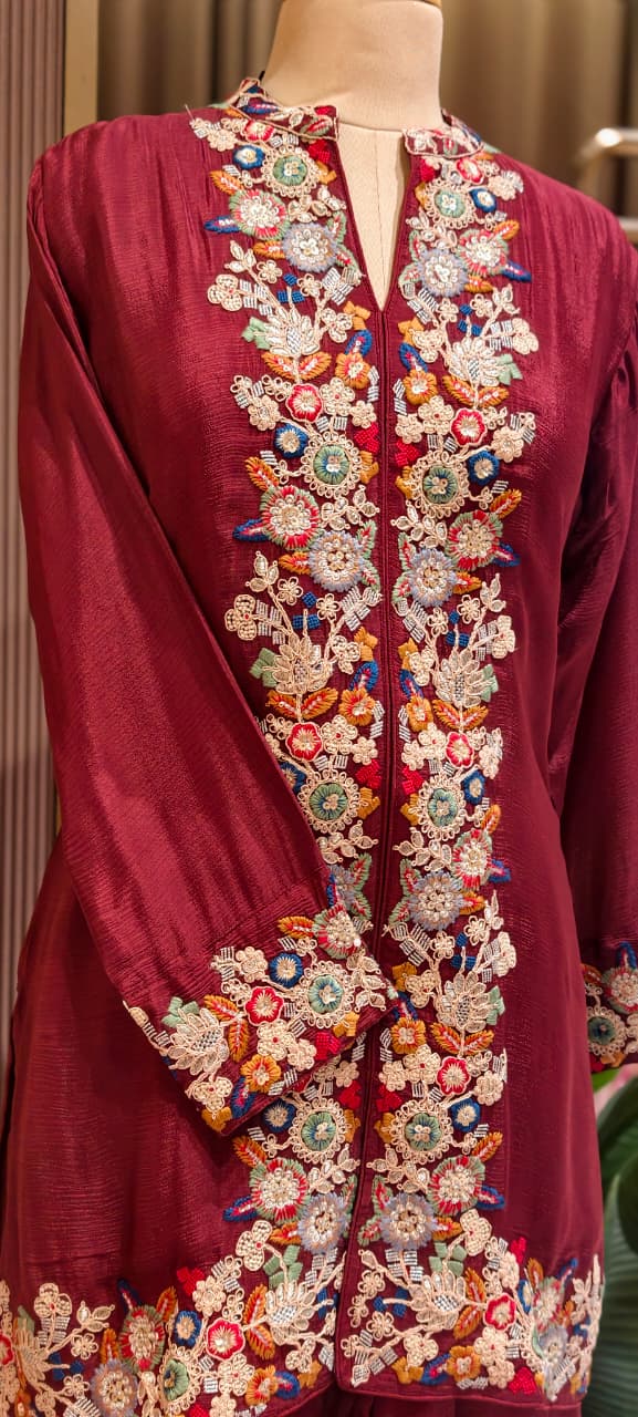 Bhomeian Bold Shade Intricate Embroidery Vibrant Chinon Co-Ord Set- 15243
