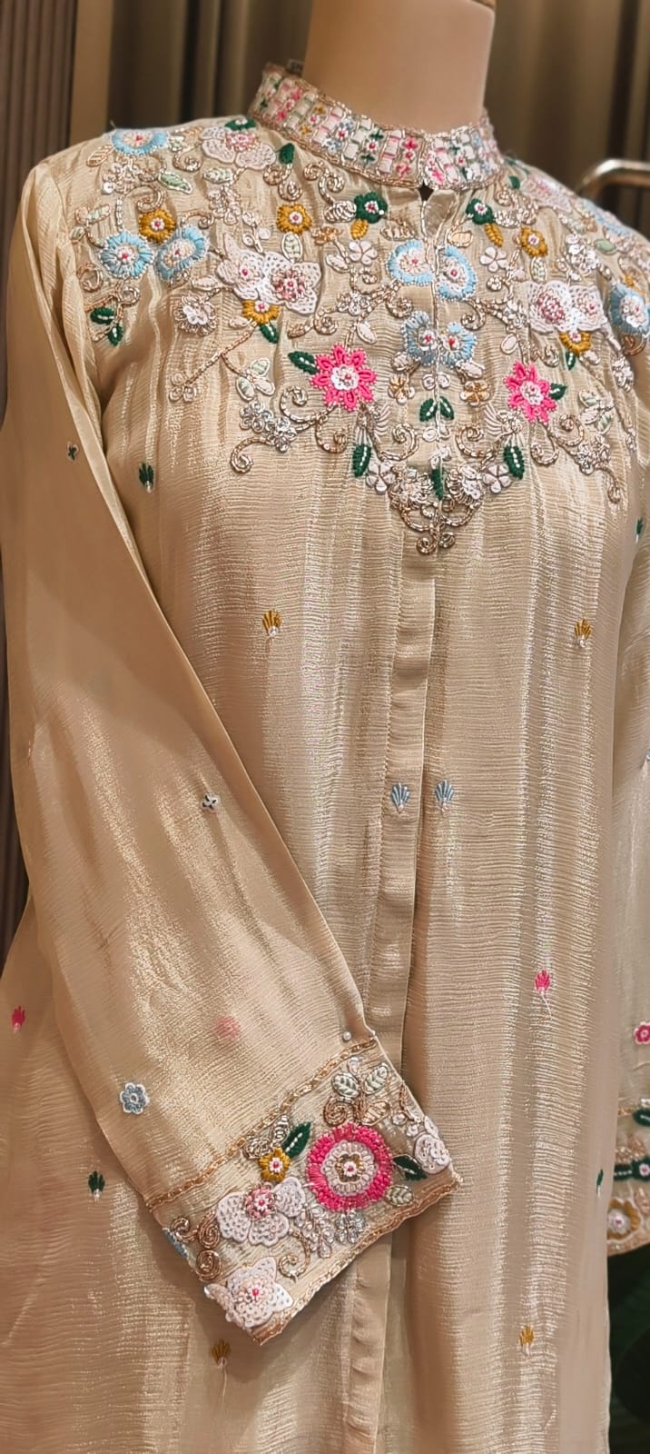 Multicolor Vibrant Floral Intricate Embroidery Light Shade Chinon Co-Ord Set- 15244
