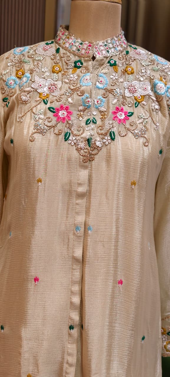 Multicolor Vibrant Floral Intricate Embroidery Light Shade Chinon Co-Ord Set- 15244