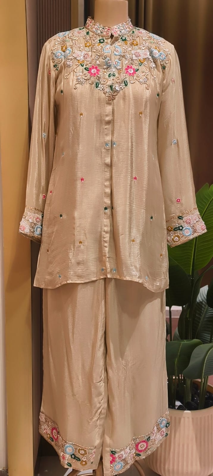 Multicolor Vibrant Floral Intricate Embroidery Light Shade Chinon Co-Ord Set- 15244