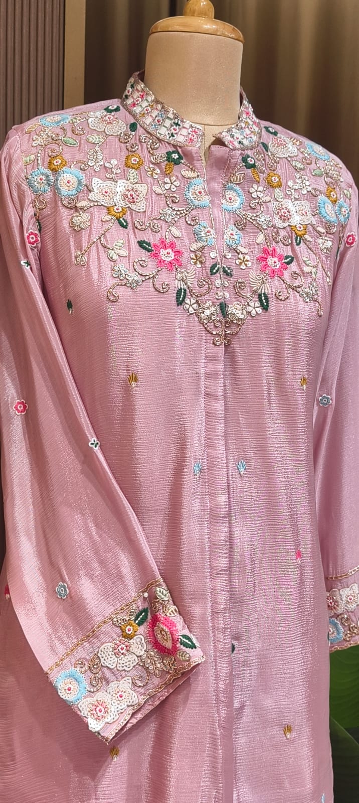 Multicolor Vibrant Floral Intricate Embroidery Light Shade Chinon Co-Ord Set- 15244