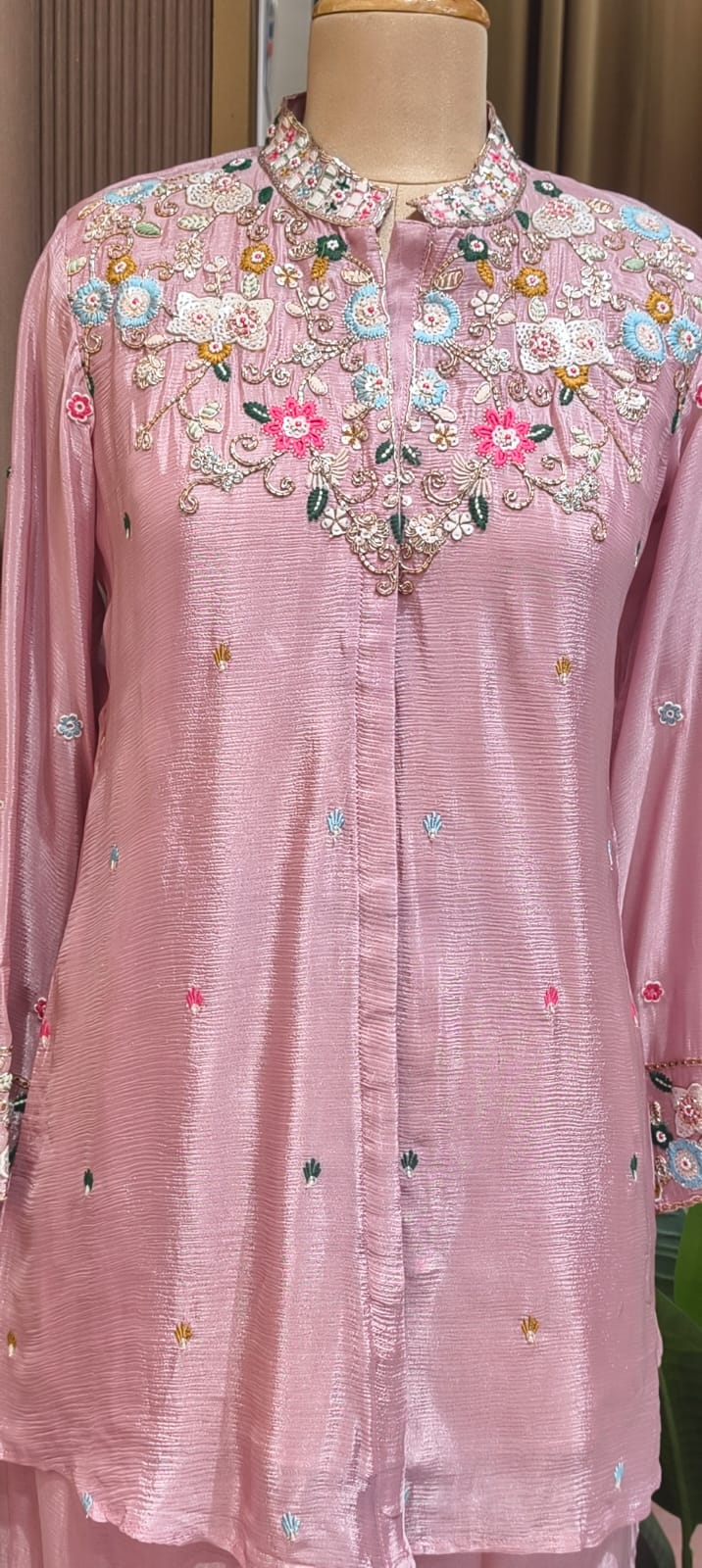 Multicolor Vibrant Floral Intricate Embroidery Light Shade Chinon Co-Ord Set- 15244