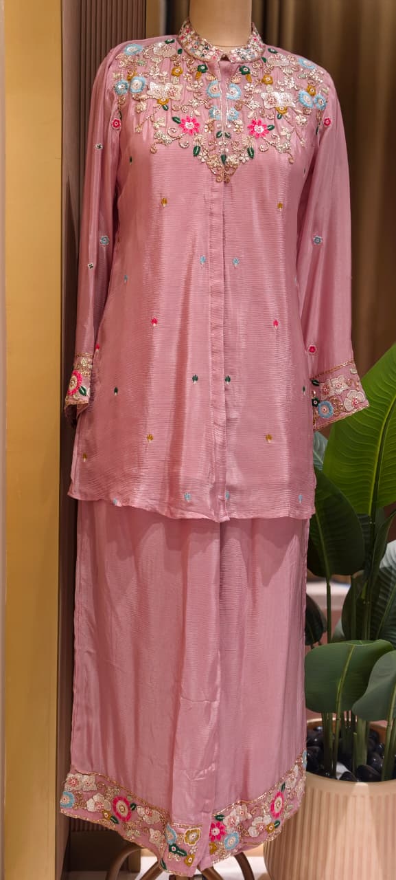 Multicolor Vibrant Floral Intricate Embroidery Light Shade Chinon Co-Ord Set- 15244