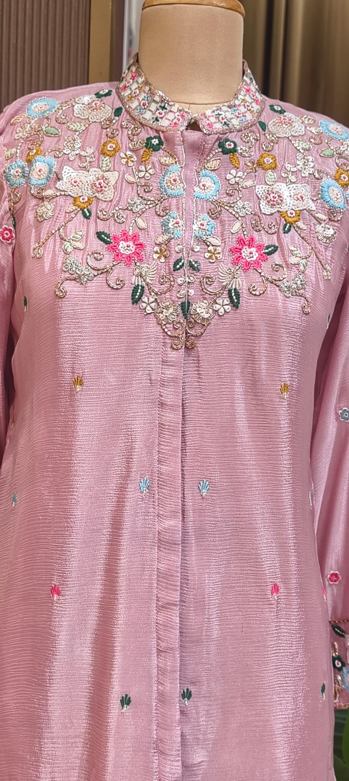 Multicolor Vibrant Floral Intricate Embroidery Light Shade Chinon Co-Ord Set- 15244
