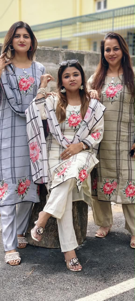 Fine Vibrant Floral Embroidery Checks Surat Mul-Chanderi Straight Full Suit Set With Dupatta- 16098