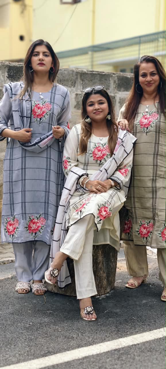 Fine Vibrant Floral Embroidery Checks Surat Mul-Chanderi Straight Full Suit Set With Dupatta- 16098