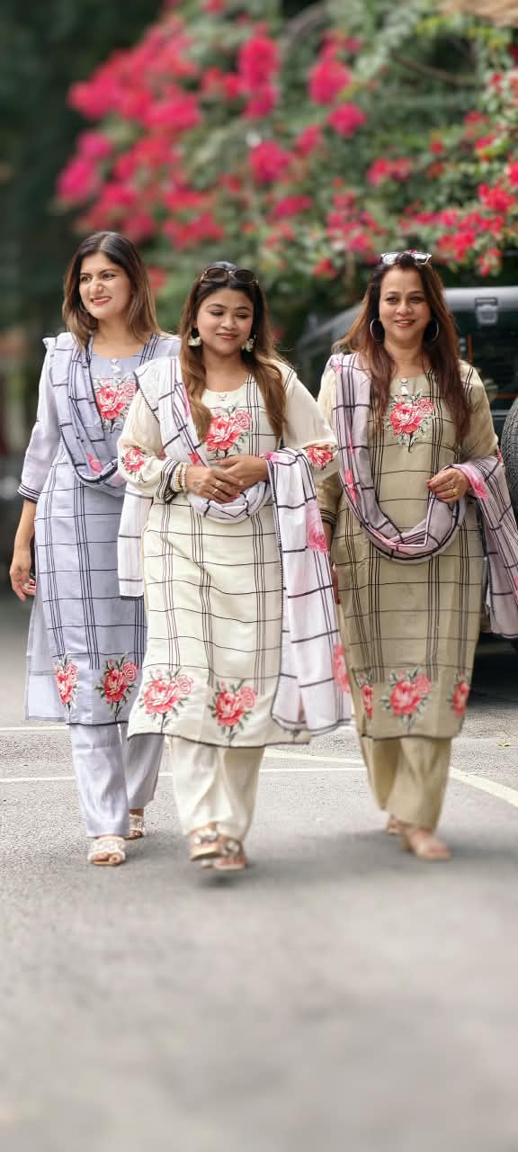 Fine Vibrant Floral Embroidery Checks Surat Mul-Chanderi Straight Full Suit Set With Dupatta- 16098