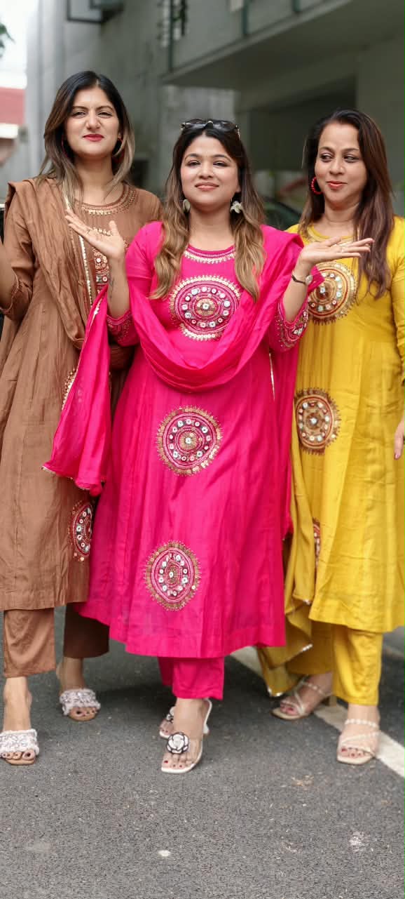 Heritage Intricate Mirror Tribal-Inspired Embroidery and Artisan Detailing Mul-Chanderi A-line Full Suit Set With Dupatta-16109