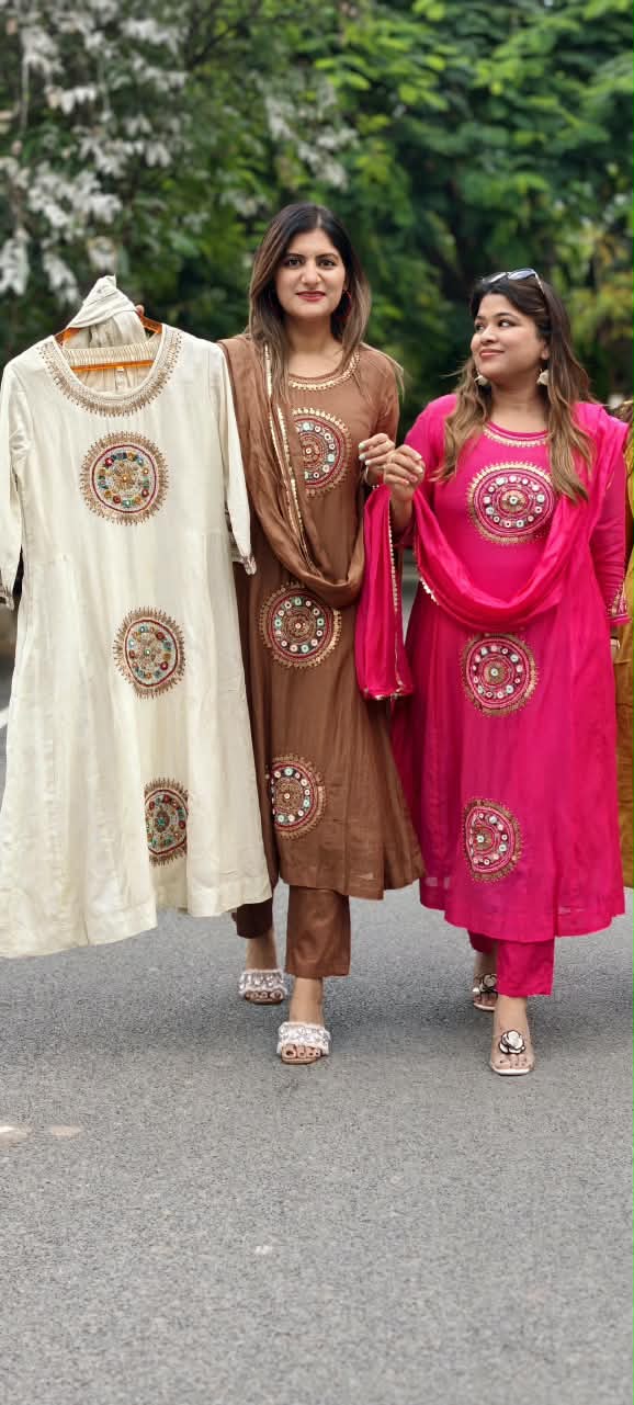 Heritage Intricate Mirror Tribal-Inspired Embroidery and Artisan Detailing Mul-Chanderi A-line Full Suit Set With Dupatta-16109