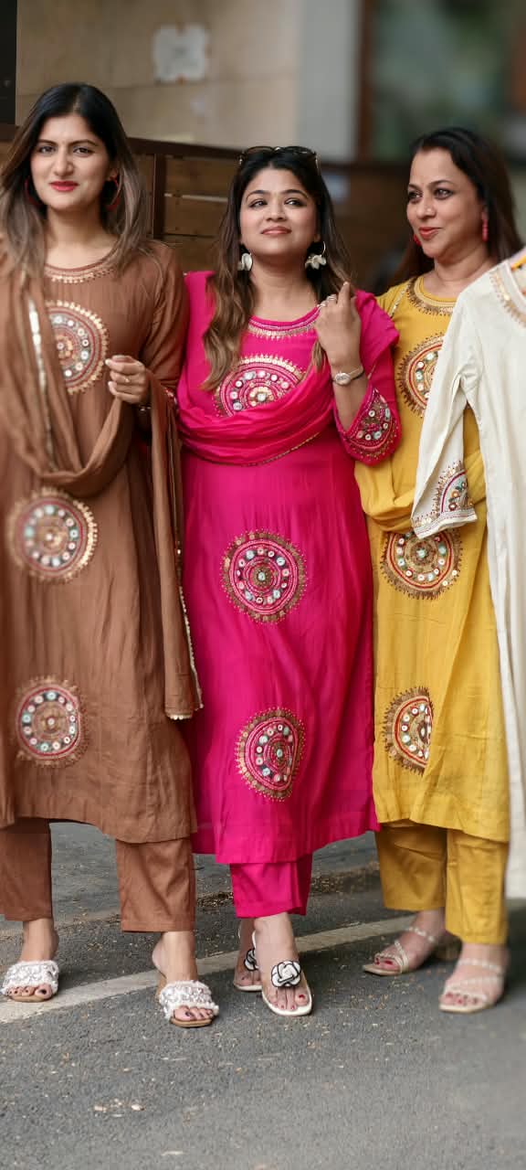 Heritage Intricate Mirror Tribal-Inspired Embroidery and Artisan Detailing Mul-Chanderi A-line Full Suit Set With Dupatta-16109