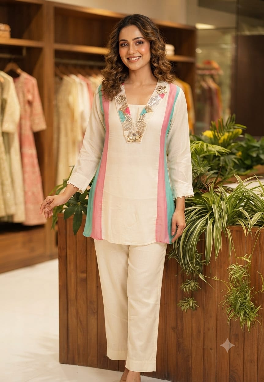 Handcrafted Neck Embroidery Royal Pastel Multicolor Panelled Kurta Pant With Inner- 15850
