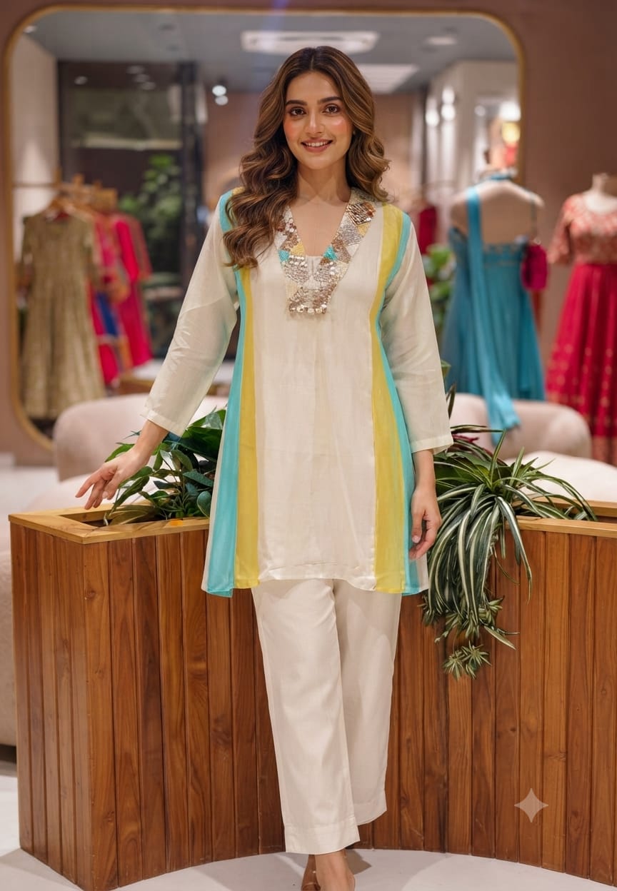 Handcrafted Neck Embroidery Royal Pastel Multicolor Panelled Kurta Pant With Inner- 15850