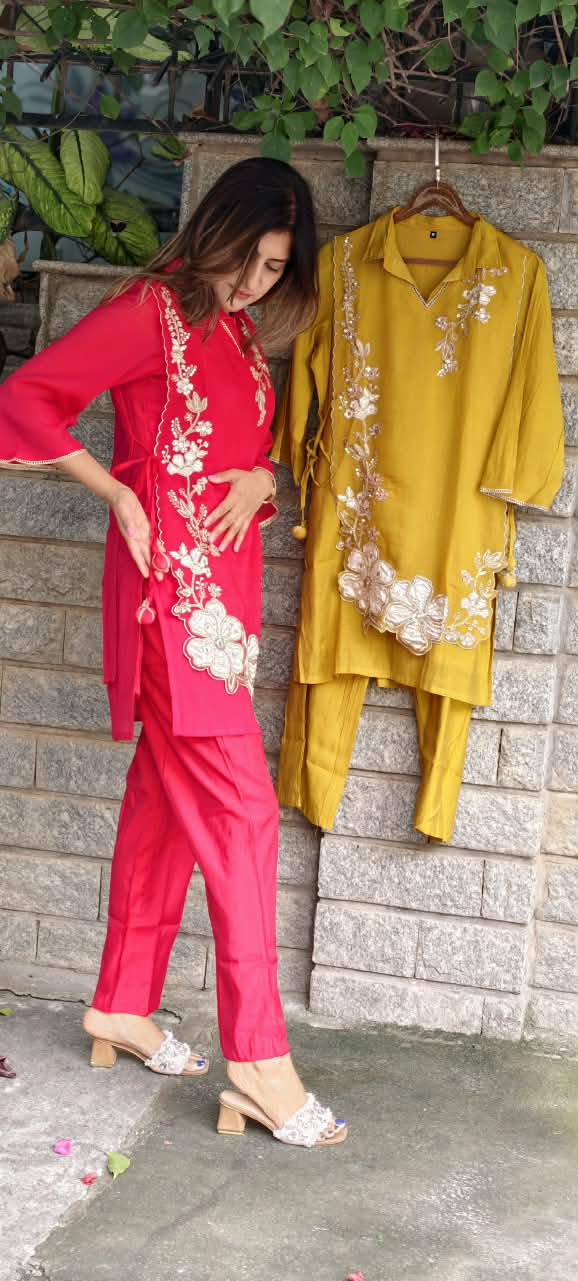 Elegant Embroidery Work Overlay Solid Collared Co-Ord Set In Mul-Chanderi Fabric- 16080