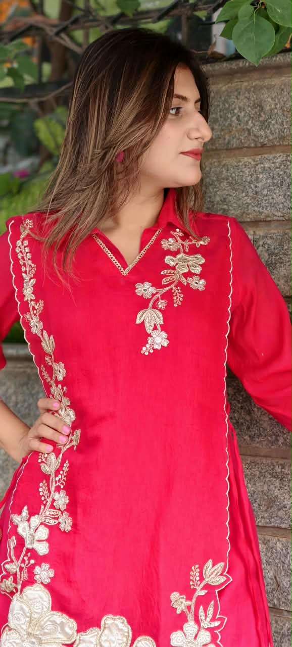 Elegant Embroidery Work Overlay Solid Collared Co-Ord Set In Mul-Chanderi Fabric- 16080