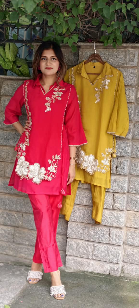 Elegant Embroidery Work Overlay Solid Collared Co-Ord Set In Mul-Chanderi Fabric- 16080
