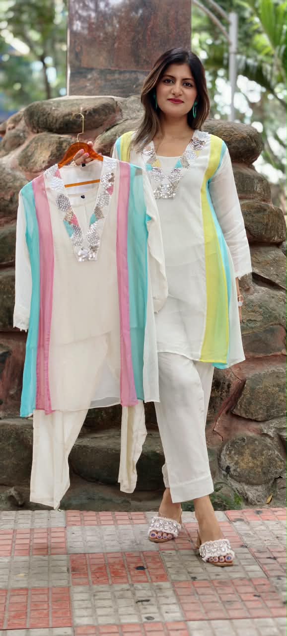 Handcrafted Neck Embroidery Royal Pastel Multicolor Panelled Kurta Pant With Inner- 15850
