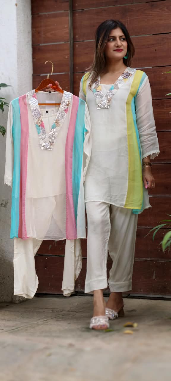 Handcrafted Neck Embroidery Royal Pastel Multicolor Panelled Kurta Pant With Inner- 15850