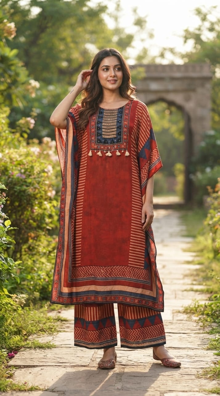 Chic & Comfy Muslin Kaftan Sets with Matching Bottoms -16097,16096