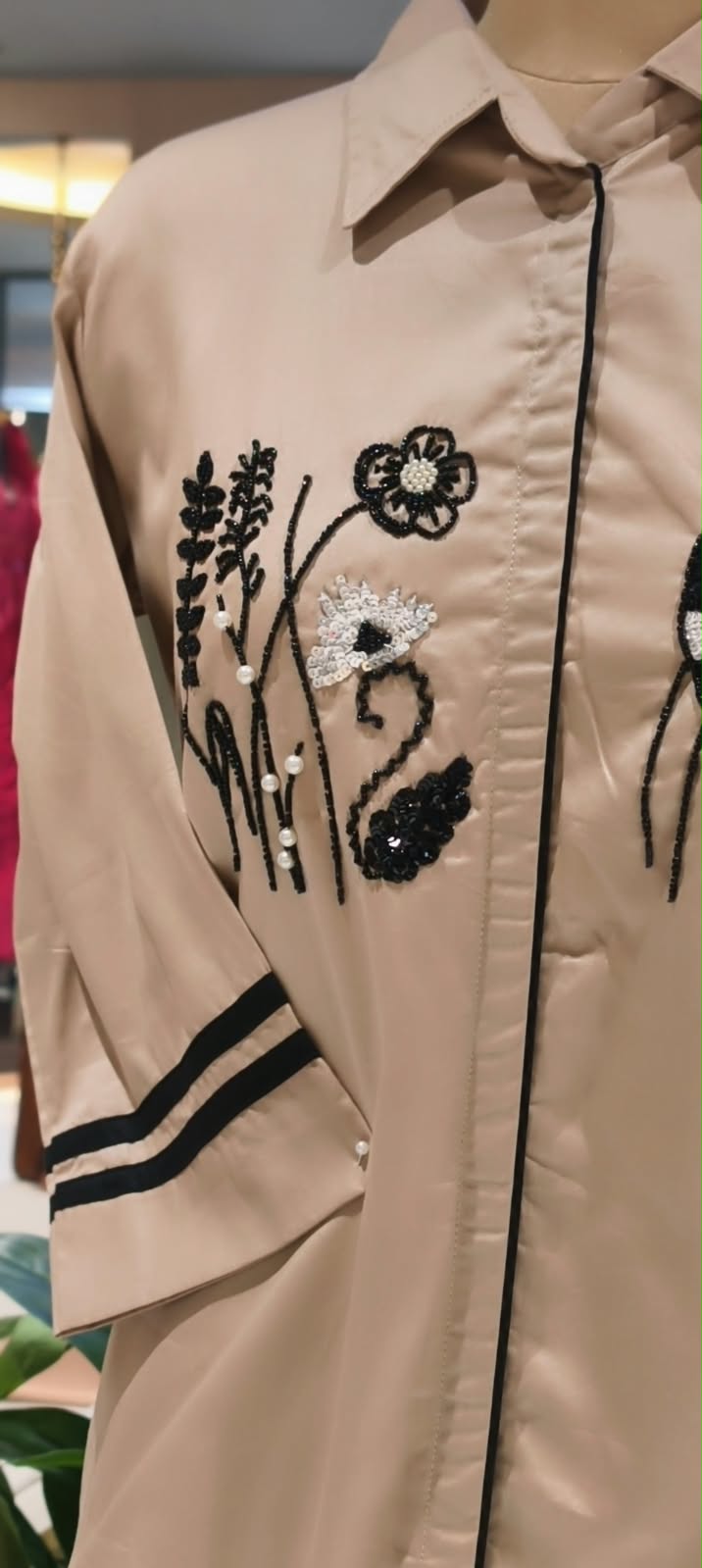 Dusty Rose Pink Collared Button-Down High-Low Tunic with Black Embroidered Bird & Botanical Chest Motifs- 16118