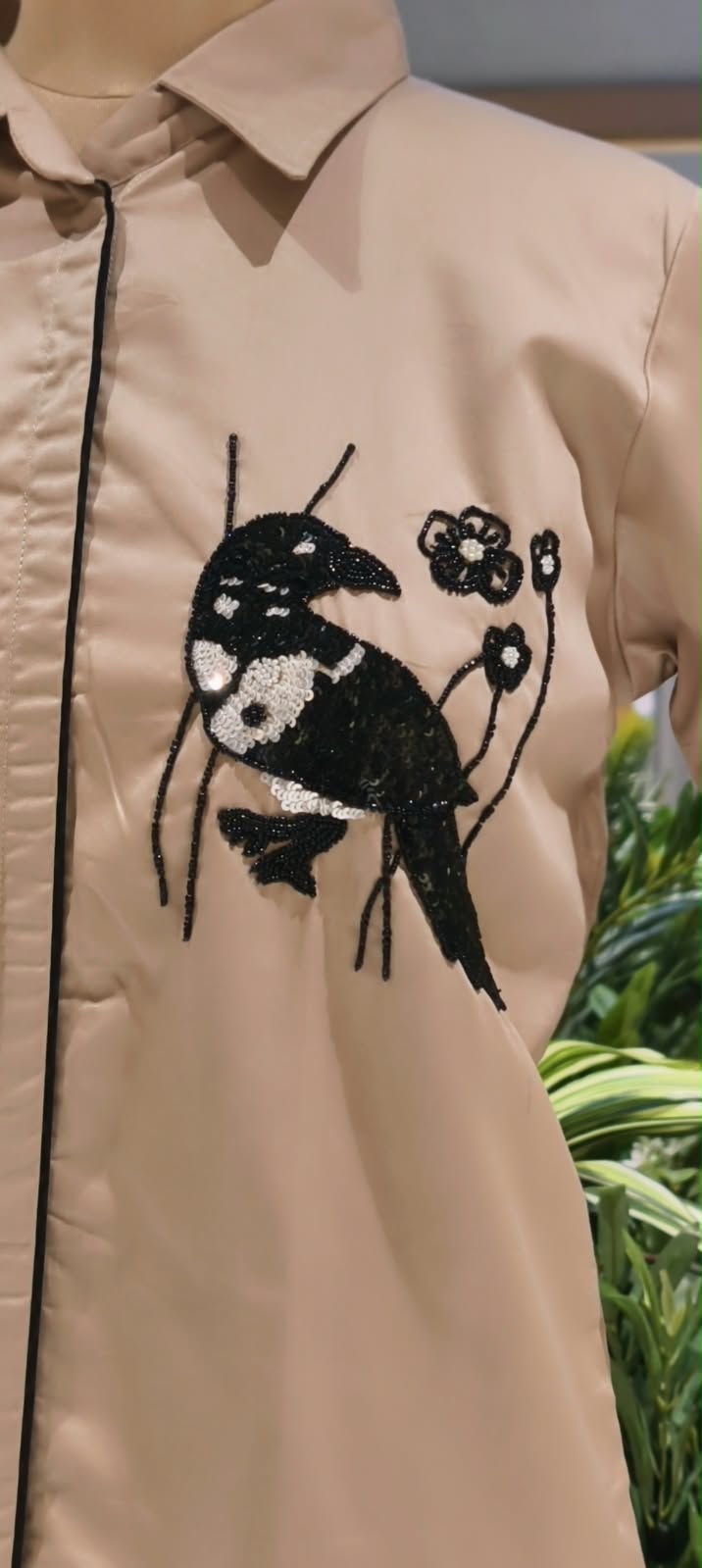 Dusty Rose Pink Collared Button-Down High-Low Tunic with Black Embroidered Bird & Botanical Chest Motifs- 16118