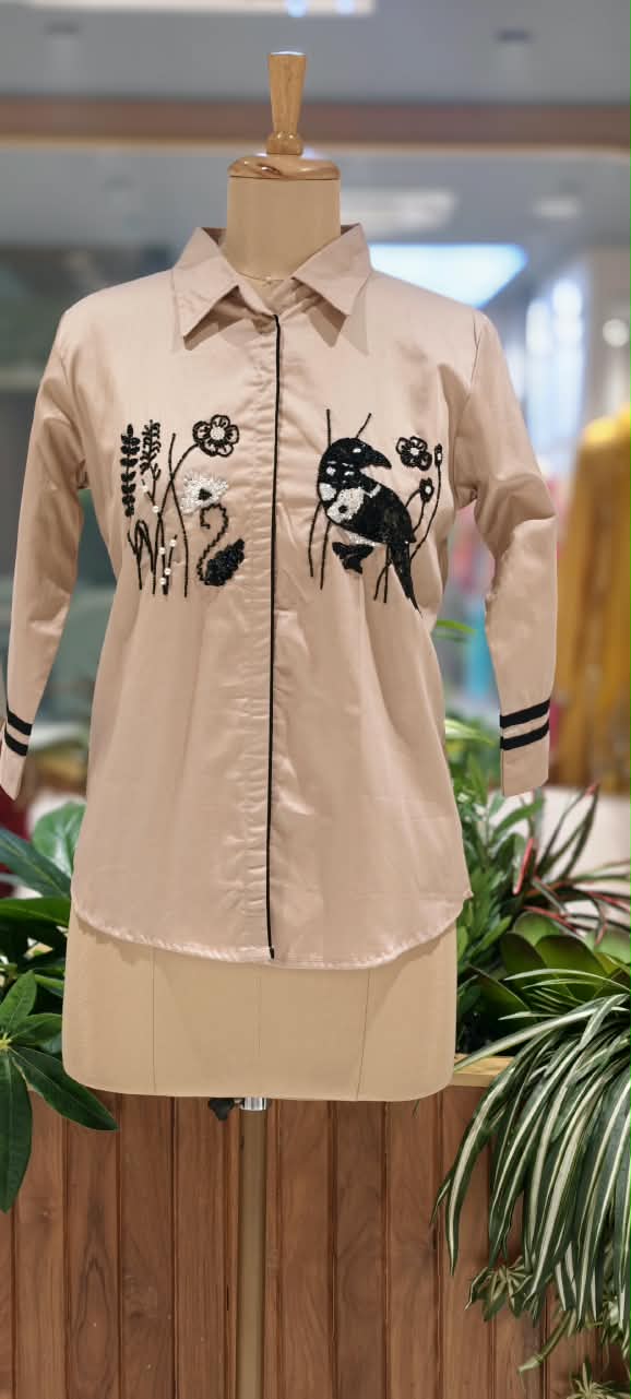 Dusty Rose Pink Collared Button-Down High-Low Tunic with Black Embroidered Bird & Botanical Chest Motifs- 16118
