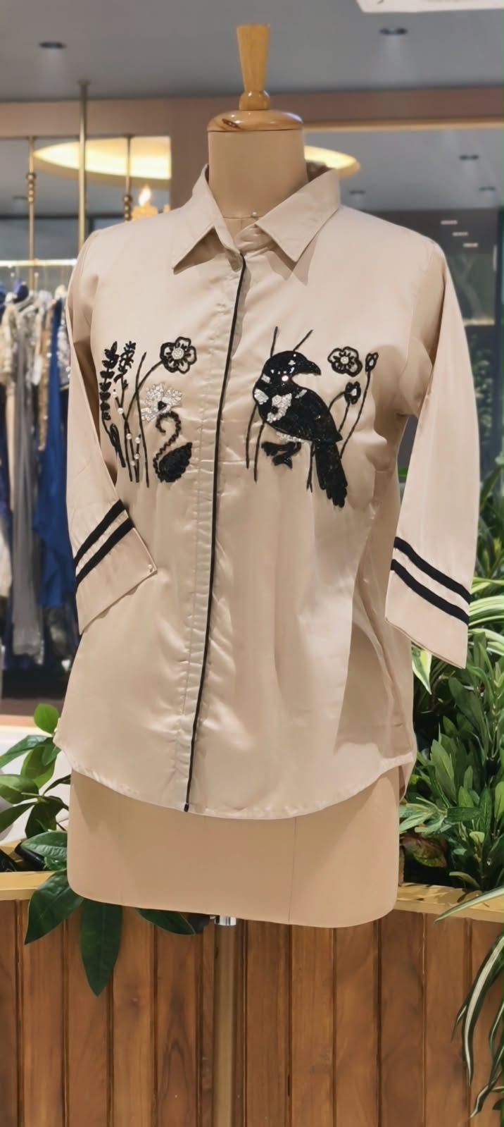 Dusty Rose Pink Collared Button-Down High-Low Tunic with Black Embroidered Bird & Botanical Chest Motifs- 16118