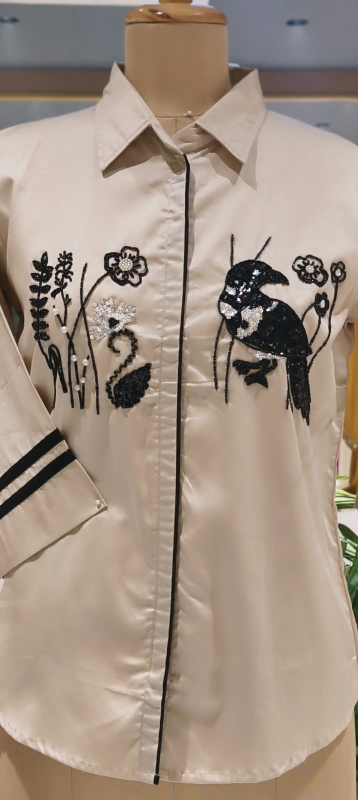 Dusty Rose Pink Collared Button-Down High-Low Tunic with Black Embroidered Bird & Botanical Chest Motifs- 16118