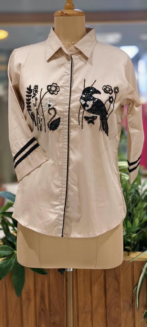 Dusty Rose Pink Collared Button-Down High-Low Tunic with Black Embroidered Bird & Botanical Chest Motifs- 16118
