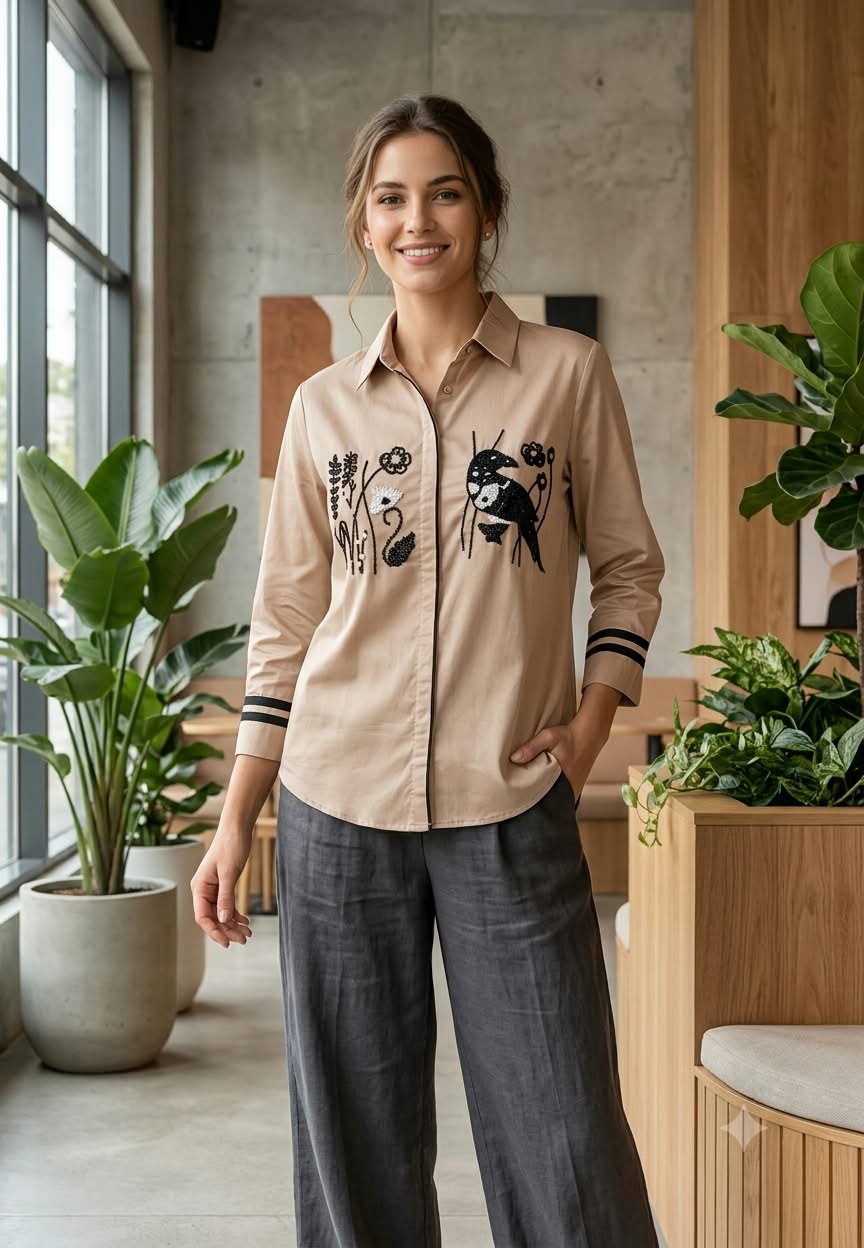 Dusty Rose Pink Collared Button-Down High-Low Tunic with Black Embroidered Bird & Botanical Chest Motifs- 16118