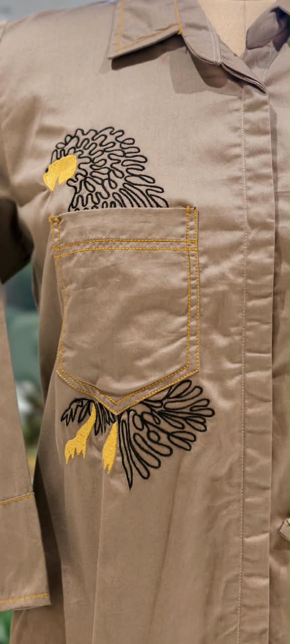 Taupe Mocha Brown Collared Button-Down Tunic Shirt with Embroidered Eagle Chest Pocket Detail- 16119