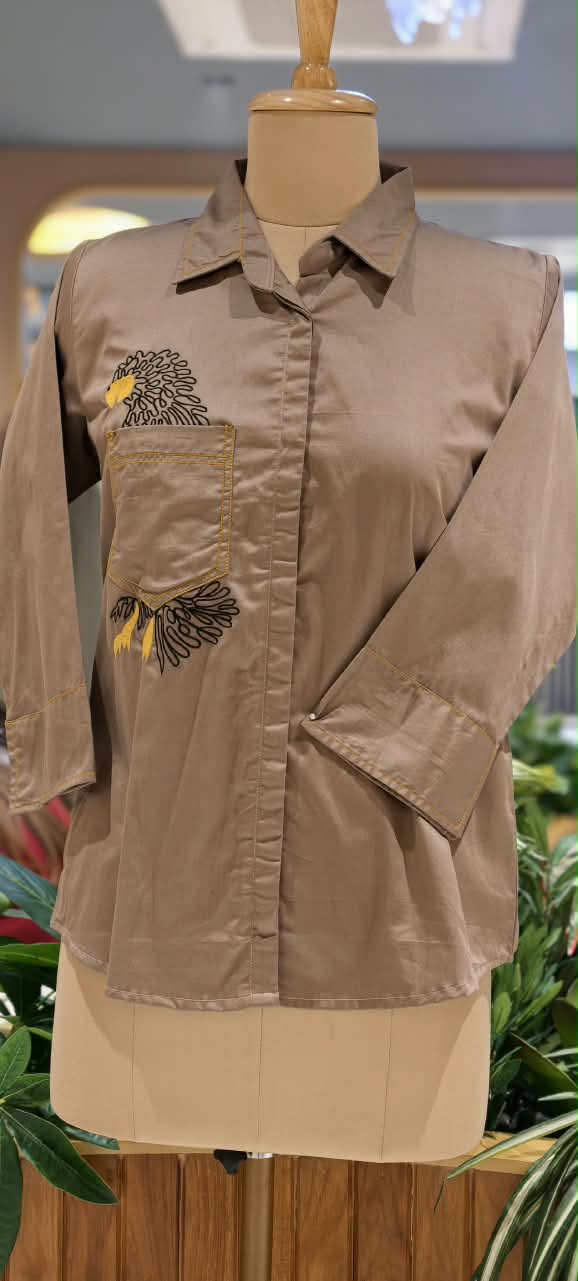 Taupe Mocha Brown Collared Button-Down Tunic Shirt with Embroidered Eagle Chest Pocket Detail- 16119