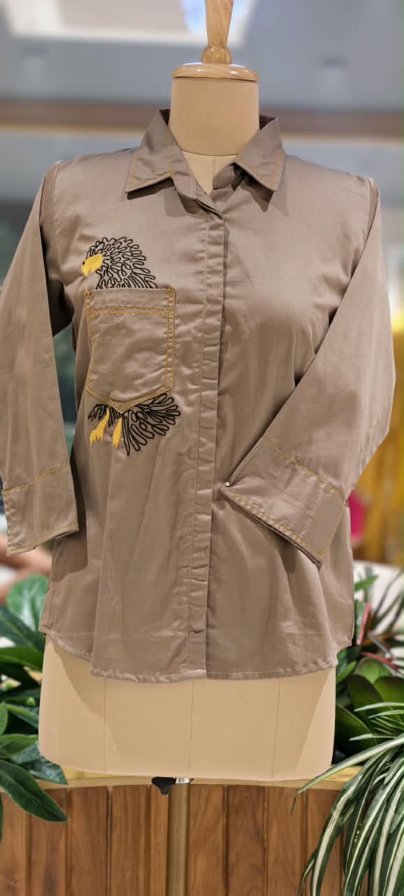 Taupe Mocha Brown Collared Button-Down Tunic Shirt with Embroidered Eagle Chest Pocket Detail- 16119