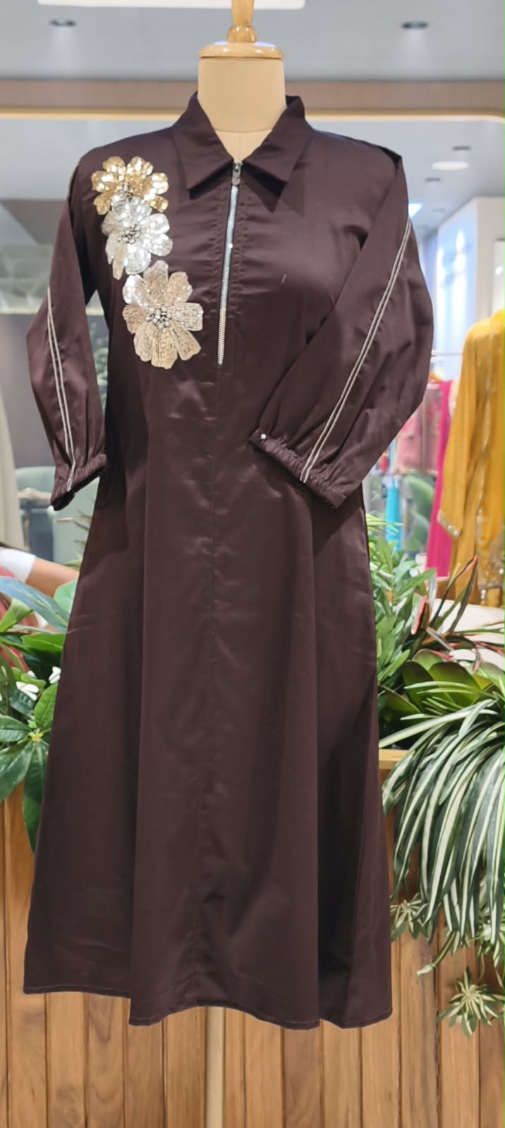 Dark Brown & Green Collared Long Tunic Dress with Metallic Sequined Floral Appliqué and Front Zipper- 16113